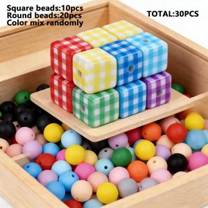 TEMU 30개 13mm 사각 체크 무늬 아크릴 비즈 + 12mm 혼합 색상 실리콘 비즈 | 다양한 색상, 비투명, 귀여운 컬러풀 큐브 스페이서, 성인용 주얼리 제작, 목걸이 및 팔찌