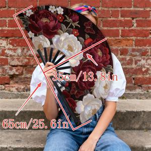 TEMU 화려한 자수가 있는 남성용 핸드 선풍기 1개 - 꽃과 나비 디자인의 다크 레드, 일상용, 야외, 여행 및 특별 행사에 적합한 휴대용 냉각팬 - 더운 날씨를 위한 우아한 냉풍기