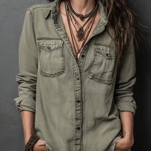 TEMU 여름/가을 여성 클래식 향수 빈티지, 딥 그린 성숙한 느낌, 웨스턴 스타일, 프린지 엣지 더블 포켓, 라펠 버튼업 긴팔 셔츠