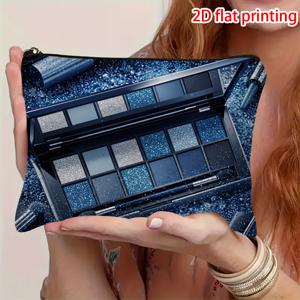TEMU 다크 블루와 실버 아이섀도우 팔레트와 메이크업 브러쉬 패턴이 있는 2D 플랫 프린트 디자인의 화장품 파우치. 이 직사각형 지퍼 백은 여행 및 일상 사용을 위한 편리한 정리함입니다.