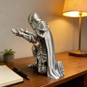 TEMU 새로운 레트로 유럽 낭트 펜 홀더, 창의적인 3D 프린팅 은색 갑옷 전사 엎드린 자세 피규어, 헬멧 및 긴 검 장식 포함, 독특한 문구류 수집품, 게임 상품으로도 적합, 중세 테마 컬렉션