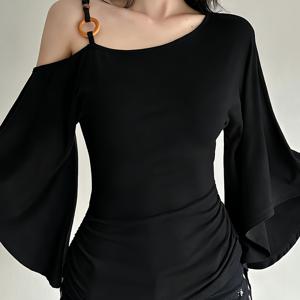 TEMU 비대칭 오프숄더 비즈 박쥐 소매 슬림핏 허리 조임 빈티지 탑 티셔츠, 스트리트웨어용 살짝 비치는 어깨라인