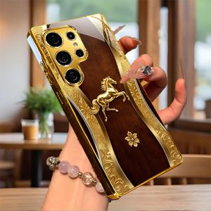 TEMU 휴대폰 케이스 - 황금빛 비행마 조각 디자인, 광택 마감의 끝과 전기 도금 강화 유리 재질로, S26, S25, S24, S23, S22, S21, S20, S10, Note 20 등 삼성 모델에 적합한 보호 휴대폰 케이스