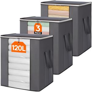 TEMU 120L 초대형 담요 보관 가방, 접이식 의류 보관 용기 (강화 핸들 포함), 뚜껑형 보관 상자, 특대형 이불, 침구 및 베갯잇에 적합, 3개 세트, 침대 밑 수납