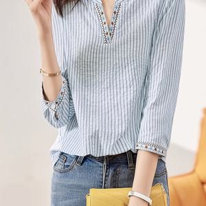 TEMU 여성용 V넥 7/10 슬리브 셔츠, 빈티지 시골 장식 상의, 봄/여름 바캉스 스타일