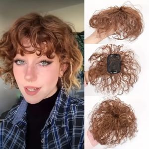 TEMU 우아한 브라운 물결 모발 토퍼 ( 앞머리 포함), 여성용 짧은 웨이브 헤어피스 (헤어 볼륨 증가 또는 흰머리 커버용), 볼륨 추가, 통기성 좋고 보이지 않고 매끄러운 룩 제공
