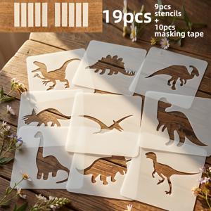 TEMU 19개 공룡 스텐실 세트 | 9개 드로잉 템플릿 + 10개 마스킹 테이프 - 재사용 가능, 미술 프로젝트용, 2.95인치 동물 드로잉 템플릿, 내구성 좋은 애완 동물 재질