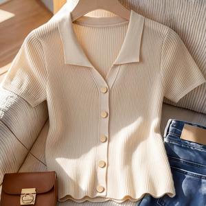 TEMU 새로운 여름 스타일 칼라 반팔 버튼업 가디건, 여성용 단색 심플 캐주얼 경량 상의, 패셔너블하고 우아한 여성 의류