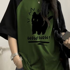 TEMU 여성용 귀여운 검은 고양이 만화 패턴 프린트 패션 스포츠 캐주얼 라운드넥 티셔츠