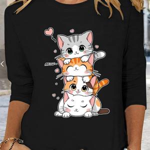TEMU (012#) 여성용 봄/가을 라운드넥 긴팔 티셔츠, 귀여운 쌓인 고양이 프린트 3/4 소매 티셔츠, 장난스럽고 젊은 느낌의 루즈핏 캐주얼 상의