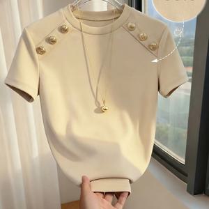 TEMU 여성용 솔리드 살구색 앞단추 반팔 티셔츠 - 부드러운 라운드넥 블라우스용 상의 | 기계 세탁 가능한 몸에 꼭 맞는 셔츠, 데일리웨어, 캐주얼 & 세미 정장용으로 적합, 살구색, 여름 옷장 필수템 아님