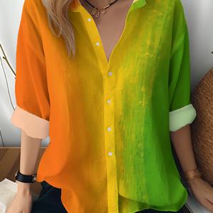 TEMU 새로운 여성용 긴팔 셔츠는 오렌지, 노랑, 그리고 녹색의 그라데이션 컬러가 특징이며, 자연스러운 색상 전환과 디자인을 갖추고 있습니다. 축제 행사, 통근, 그리고 캐주얼 웨어에 적합한 다용도 상의입니다.