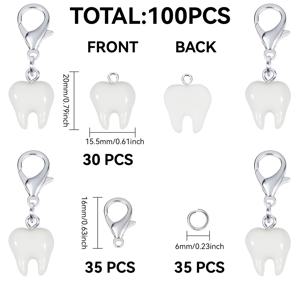 TEMU 100개 창의적인 치아 펜던트 세트 (치아 펜던트 30개, 로브스터 걸쇠 35개, 오픈 루프 35개) 간편한 스타일 장식 차량 펜던트 생일 선물 학교 선물 파티 선물 결혼식 선물 발렌타인데이 선물 키링 추가 배치 제품