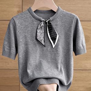 TEMU 플러스 사이즈 - 플러스 사이즈 - 플러스 사이즈 우아한 캐주얼 라운드넥 반팔 상의, 리본 디테일, 프렌치 스타일 패슬리 및 물방울 무늬 패치워크