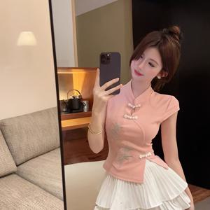 TEMU 새로운 중국 스타일 대나무 개선된 청상무 탑 여성 민족 스타일 디자인 스위트 나이 감소 니치 시크 여름 신상 디스크 버클 슬림핏 반팔 티셔츠