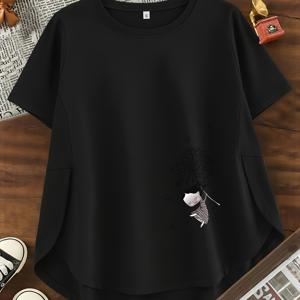 TEMU 레터 프린트 드롭 숄더 티셔츠, 반팔 크루넥 봄 여름 캐주얼 상의, 여성 의류