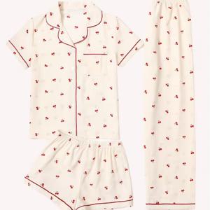 TEMU 3pcs 여성용 파자마 세트 | 체리 프린트, 라펠 칼라 반팔 상의, 반바지, 긴 바지 | 모든 계절에 적합