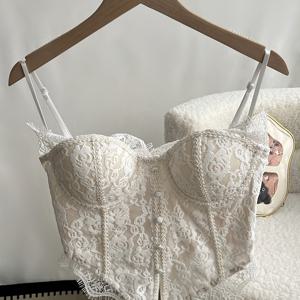 TEMU 2026 봄/여름 신상품 아카데믹 스타일 패치워크 슬림핏 몸매 보정 레이스 본ιν 스파게티 스트랩 웨이스트 신처 탱크탑, 프렌치 스타일 아우터웨어