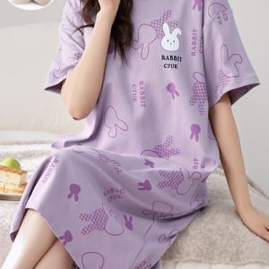 TEMU [만화 보라색 토끼 잠옷 (가슴 패드 포함) ] 포켓 잠옷 여성 여름 반팔 원피스, 미디 길이 루즈핏 캐주얼 잠옷, 라운드넥 만화 보라색 작은 토끼 패턴, 시원하고 귀여운 캐주얼 잠옷