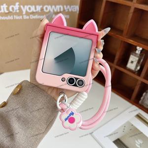 TEMU 귀여운 그라데이션 핑크 로즈 레드 아기 고양이 귀 꽃무늬 휴대용 로프 케이스, 삼성 갤럭시 Z 플립7 Z 플립6 Z 플립5 호환 백커버