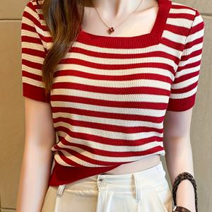 TEMU 패턴의 넥 라인 니트 탑, 봄 & 여름용 캐주얼 반팔 상의, 여성 의류