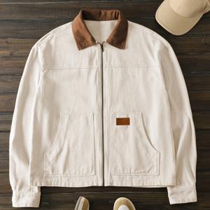 TEMU 추수감사절 남성 선물, 컬러 블록 스플라이스 풀지퍼 포켓 자켓, 영문 가죽 패치 디자인, 데일리 캐주얼 패션, 심플 아웃팅 출퇴근 스트리트 트렌드, 봄 가을 남성 자켓