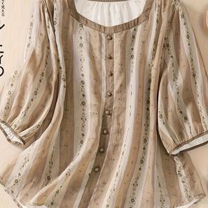 TEMU 여성용 우아한 플로럴 프린트 ¾소매 블라우스, 우아한 파티용 반팔 상의