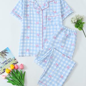 TEMU 봄, 여름, 가을용 여성용 투피스 파자마 세트 - 체크무늬 리본 프린트 반팔 버튼업 셔츠와 긴 바지 캐주얼 홈웨어