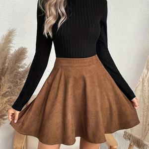 TEMU 여성용 코듀로이 스커트, 하이웨이스트 A라인 플레어 미니 스커트, 루즈핏 플레어 스커트, 벨트 없음, 봄 가을 캐주얼 웨어