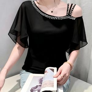 TEMU ZH41112 여름 패션 슬림핏 몸매 비침 티셔츠, 섹시한 비즈 오프숄더 반팔 상의