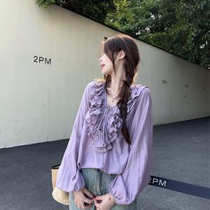 TEMU 여성 브이넥 프릴 블라우스 루즈핏 셔츠 벌룬소매 체형커버 여리여리한 프렌치룩 데이트룩 하객룩 오피스룩 라벤더 퍼플 셔링 스트링 긴팔 상의