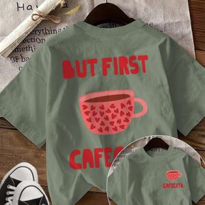 TEMU 여성 캐주얼 티셔츠 레트로 커피 컵 하트 프린트 라운드넥 반팔 