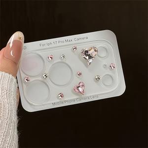 TEMU 고급스러운 블링 라인스톤 하트 귀여운 투명 유리 카메라 필름 보호 필름 | iPhone 17 ProMax 17Pro 호환, 렌즈 보호 필름 선물