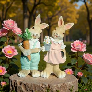 TEMU 매력적인 컨트리 스타일 토끼 조각상 한 쌍, 당근과 꽃다발을 잡고 있는 모습, 실내/실외 사용에 적합, 정원, 책장, 테라스에, 발렌타인데이 및 부활절에 완벽, 정원 선물, 토끼 피규어