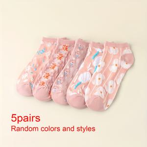 TEMU 랜덤 5켤레 여성 플로럴 숏 삭스 - 소프트 핑크 & 화이트, 귀여운 만화 패션 스타일, 봄 여름 통기성 숏 삭스, 캐주얼 및 포멀한 행사에 적합, 사랑스러운 양말, 부드러운 관리, 편안한 따뜻함, 데일리 컴포트