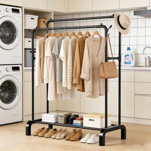 TEMU 심플한 가정용 다용도 이중봉 옷장 행거 1개, 빨래 건조대, 블랙, 래커 마감, 대용량, 바닥에 서 있는 옷걸이, 침실, 발코니, 욕실에 적합 - 조립 필요