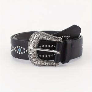TEMU Boho 웨이브 페르시 리벳 벨트 빈티지 단색 컬러 PU 허리띠 서양 조각 버클 카우걸 벨트 여성 및 남성을위한
