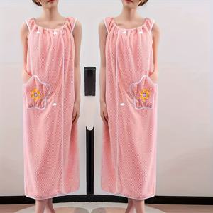 TEMU 여성용 엑스트라 롱 코랄 플리스 목욕 타월 가운 - 고흡수력 꽃무늬 홀터넥 목욕가운, 홈 스파 & 라운지웨어용 부드러운 플러시 랩, 손세탁 전용, 착용 가능한 목욕타월, 현대적인 꽃 디자인, 내구성 있는 흡수 원단