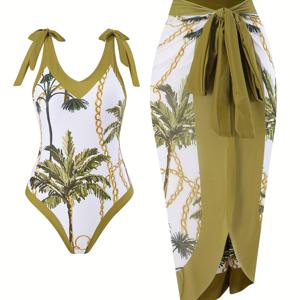 TEMU 그린 코코넛 트리 프린트 V넥 타이업 스커트 2피스 여성 수영복 세트