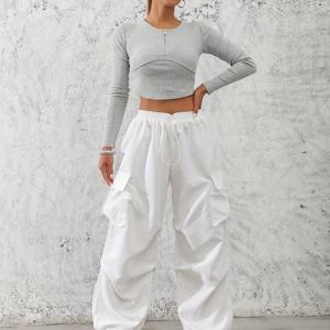 TEMU 여성 패션 단색 폴리에스테르 카고 바지, 100% 폴리에스테르, 올 시즌, 드로스트링 허리, 직조, 120g/m², 성인 캐주얼 우아한 바지