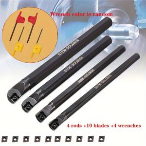 TEMU 7/8/10/12mm SCLCR 선반 보링 바 터닝 도구 홀더 4개 세트 + CCMT 0602 인서트 블레이드 10개 세트, 선반 보링 바 터닝 도구 세트 및 CNC 블레이드 내부 구멍 터닝 블레이드 카바이드 터닝 도구 홀더