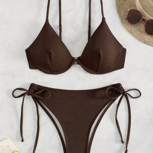 TEMU 2024년 신상 여성용 솔리드 컬러 비키니 세트 (언더와이어 및 레이스업 디자인)