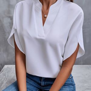 TEMU 플러스 사이즈 - 플러스 사이즈 - 여름 우아한 단색 V넥 루즈 블라우스 여성용