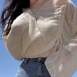 TEMU 한국 스타일 드로스트링 리본 커버업, 아이스 롱슬리브 탑, 오프숄더 풀오버 스웨터, 여성용 숏 여성 풀오버, 여성용 바캉스웨어, 트렌디 여성 패션, 원피스 캐주얼 우아하고 스타일리시한 여성 의류