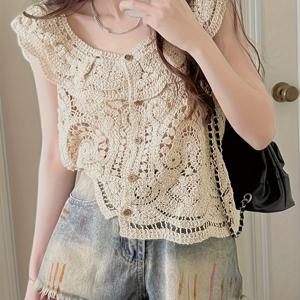 TEMU 여름 민소매 숏 탑, 플러터 소매, 예술적인 러플 스퀘어 넥라인, 여성용 레이스 코바늘 조끼 셔츠, 테일러드 디자인