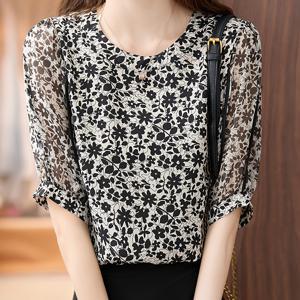 TEMU 프린트 쉬폰 블라우스 - 가벼운, 슬리밍 라운드 넥 탑, 짧은 시스루 소매, 세탁기 사용 가능, 캐주얼 외출 및 반정장에 완벽, 우아한 의상, 폴리에스터 원단