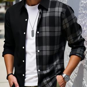 TEMU 클래식 체크 무늬 유니크 디자인 컬러 블로킹 편안하고 통기성 좋은 남성용 캐주얼 플란넬 셔츠 - 루즈핏 긴소매 체크 패턴, 버튼업 클로저, 클래식 칼라, 캐주얼 및 세미 포멀 복장용, 세탁기 사용 가능