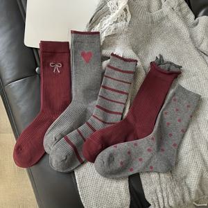 TEMU 5켤레/레드 양말 딥 그레이 컬러 블록 오버 더 니즈 양말 빈티지 대학 스타일 다용도 패셔너블 트렌디 양말