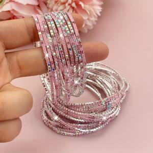 TEMU 여성을 위한 핫 핑크, 블루, 그린, 그레이, 화이트, 퍼플 등 다양한 색상의 초박형 테니스 팔찌 10개 세트 (라인스톤 장식)