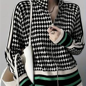 TEMU 위얼스섹트 여성용 우아한 기하학적 하운드투스 & 지퍼업 카디건 스웨터 - 긴 소매 하이넥, 앞지퍼 클로저 가을 겨울 코트, 캐주얼 시크 의류, 쉬운 세탁 원단
